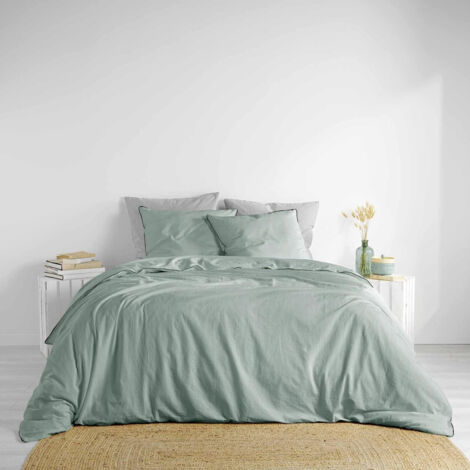 Douceur D'Intérieur – Housse de couette 260 x 240 cm en coton lavé 57 fils – Vert sauge avec liseré noir – Parure de lit moderne et tendance