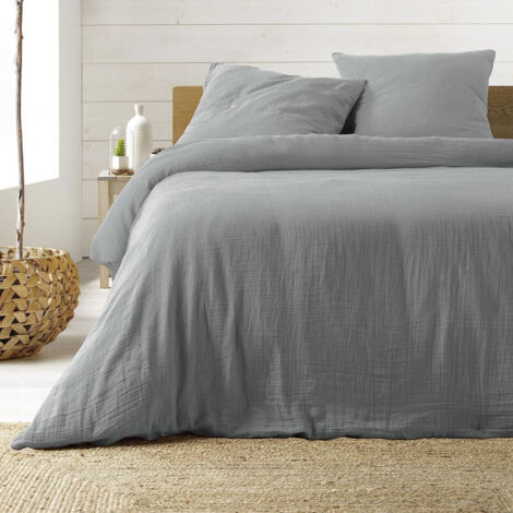 Parure de lit 260 x 240 cm –  Gaze de Coton / Coton 57 fils – Angelia Gris + 2 taies