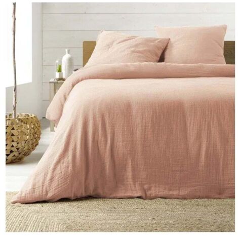Douceur D'Intérieur – Parure de lit en gaze de coton 260x240 cm – Couleur rose clair – Housse de couette avec boutons-pression – 2 taies d'oreiller incluses