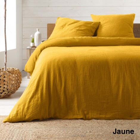 Douceur D'Intérieur – Parure de lit 240x220 cm en gaze de coton jaune – 2 taies d'oreiller 63x63 cm – Tissu léger et respirant – Design élégant