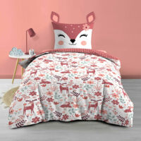 Douceur D'Intérieur – Parure de lit enfant réversible 140 x 200 cm – 100% coton doux – Tissage 42 fils/cm² – Imprimé biches et fleurs