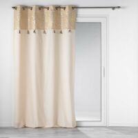 Rideau occultant 140 x 240 cm – Polycoton 95% coton – Motif feuillage doré avec pompons décoratifs – Légèrement tamisant – Solea