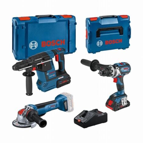 Packung mit 3 18-V-Werkzeugen – Locher – Bohrschrauber – Schleifmaschine – BOSCH – mit 1 18-V-Akku 4,0 Ah + 1 Akku 8,0 Ah – Ladegerät – L-Boxx – 0615990N2X