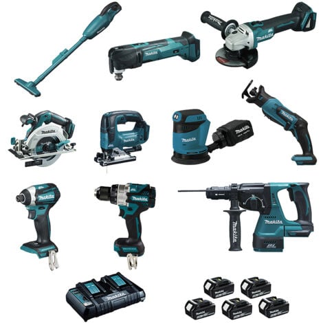 Set mit 10 18-V-Maschinen (DCL180 + DHP486 + DTD154 + DGA506 + DHS680 + DHR243 + DTM51 + DJR183 + DJV182 + DBO180) – MAKITA – mit 5 18-V-5-Ah-Batterien und Makpac – LOT0309