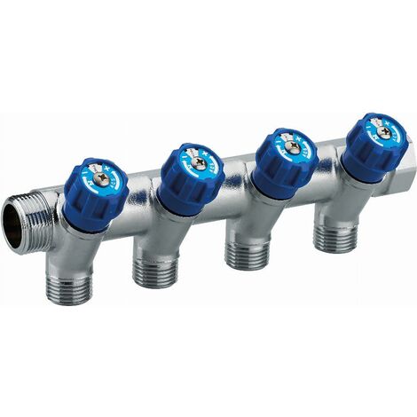 Verteiler mit integrierter Armatur blauer Griff männlich weiblich MF3/4' (20x27), 4 Abgänge männlich M1/2' (15x21) Scheibe zur Identifizierung des Wasserpunktes Achsabstand 50 mm NOYON & THIEBAULT - 8