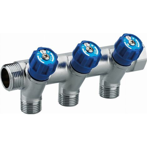 Verteiler mit integrierter Armatur blauer Griff männlich weiblich MF3/4' (20x27), 3 Abgänge männlich M1/2' (15x21) Scheibe zur Identifizierung des Wasserpunktes Achsabstand 50 mm NOYON & THIEBAULT - 8