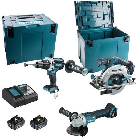 Set aus 3 Maschinen 18 V Li-Ion 5 Ah MAKITA Bohrmaschine DHP481 + Schleifmaschine DGA506 + Säge DHS680 - 2 Batterien, Ladegerät, Koffer - DLX3095PTJ