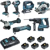 Packung mit 7 18-V-Maschinen – Bohrer DDF484 + Schraubendreher DTD154 + Schleifer DGA506 + Säge DHS680 + Locher DHR243 + Fräser DTM51 + Säge DJV182 – MAKITA – mit 5 Akkus 18 V 5 Ah + 2 Schnellladegerä