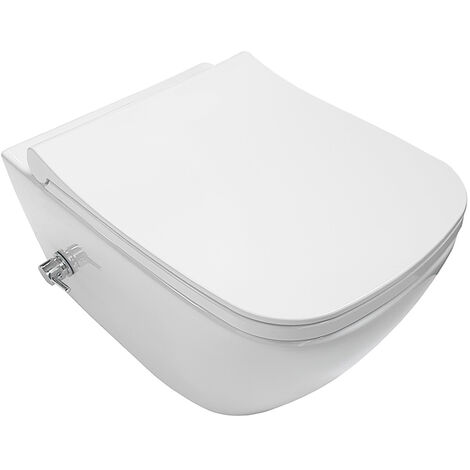 Belvit Spülrandloses Design Hänge WC mit Taharet/Bidet/Dusch WC-Funktion und integrierter Heiß-/Kaltwasserarmatur Weiß + Deckel