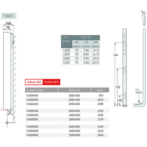 Belrad Vertikal Heizkörper Plan T20 1800 x 600 (HxB) - 1519 W