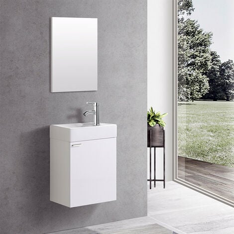 Weiß Waschplatz Waschbecken Schrank + Spiegel WC Gäste Toilette Badmöbel klein