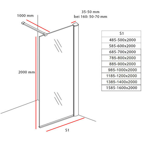 Walk In Dusche Begehbare Duschwand Glas Duschabtrennung Duschtrennwand Glastrennwand Glaswand mit NANO-Beschichtung (BxH) 500 x 2000 mm