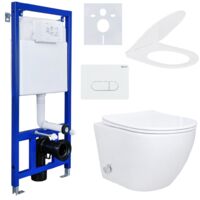 Spülrandloses Hänge Dusch WC Komplettset mit Taharet Kalt/-Warmwasserarmatur Softclose Sitz Drückerplatte Vorwandelement