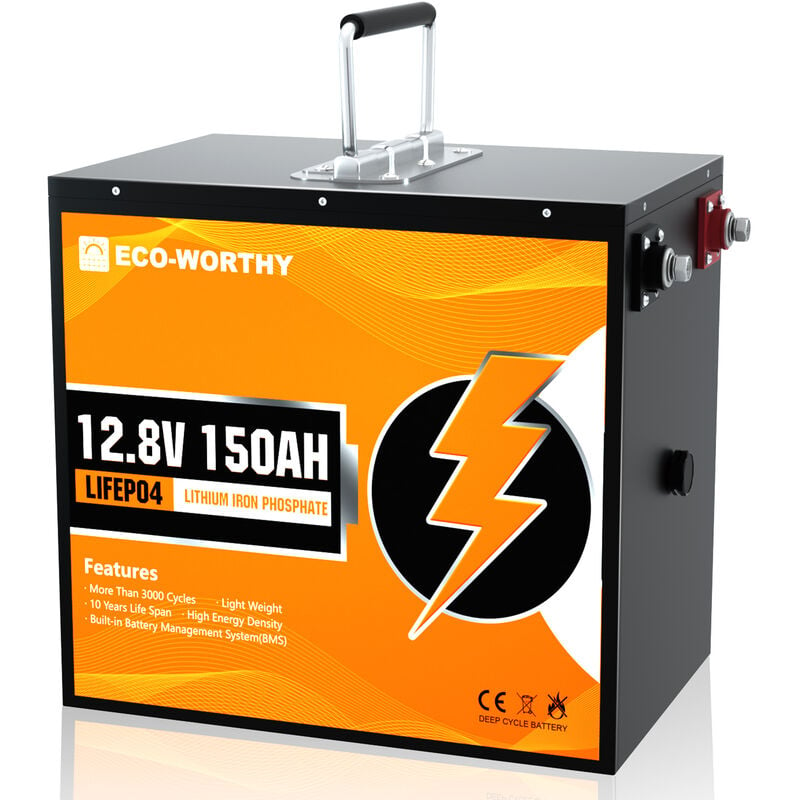 Batería de litio recargable ECO-WORTHY 12V 150Ah LiFePO4 con más de 3000 ciclos profundos y protección BMS para sistema solar, caravana, barco, hogar, kit de panel solar y uso industrial.