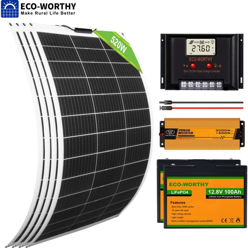 Kit completo de panel solar flexible ECO-WORTHY de 520 W con batería de litio LiFePO4 de 50 Ah y 12 V para barco, hogar, caravana, marina