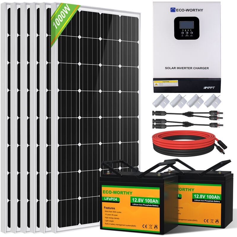 Kit de panel solar ECO-WORTHY de 1000 W con inversor solar de onda sinusoidal pura de 3000 W y 24 V y batería recargable de litio de 100 Ah y 12 V para cobertizo, cabaña, hogar, jardín, cabaña, caravana, barco marino