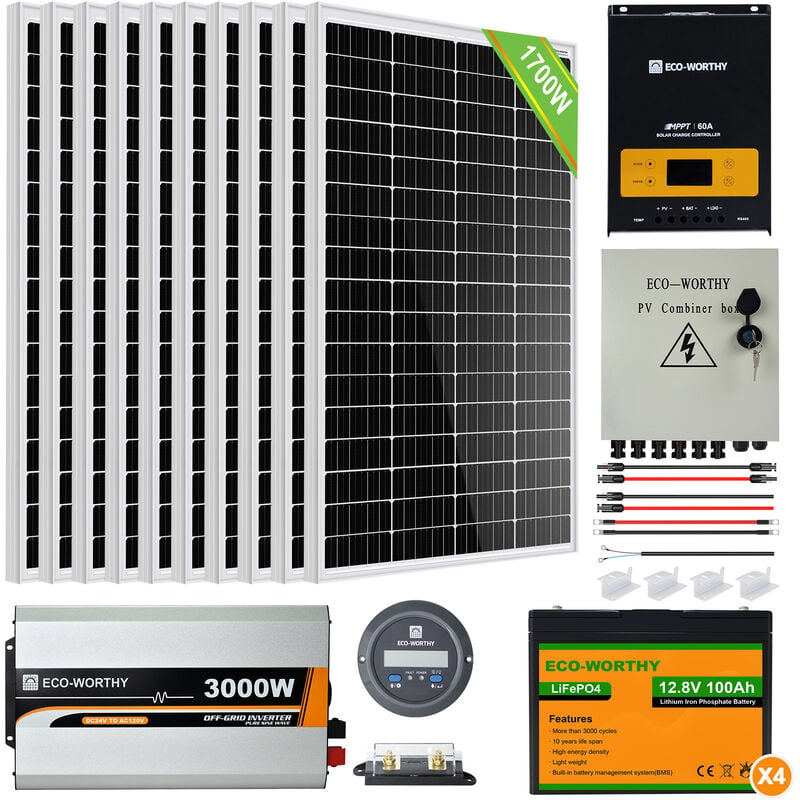 ECO-WORTHY Kit de panel solar ECO-WORTHY de 1700W con inversor solar de  onda sinusoidal pura de 3000W 24V y batería recargable de litio de 100Ah 12V  para cobertizo, cabaña, hogar, jardín, cabaña, cara