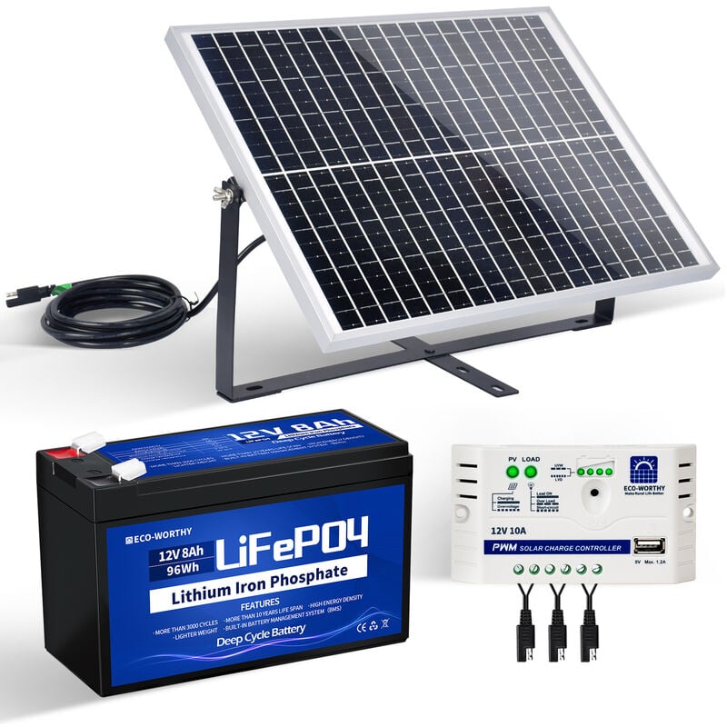 Kit de panel solar ECO-WORTHY 25W 18V Mono Panel solar PV 25W con controlador 10A y batería de litio 8Ah 12V para carga de batería de coche RV Home