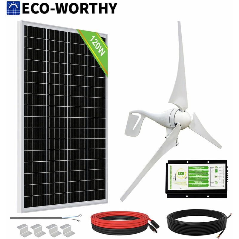 ECO-WORTHY 520W 12V Hybrid Kit: 400W DC Wind Generator con panel solar de 120W para casa, cobertizo, sistema fuera de la red