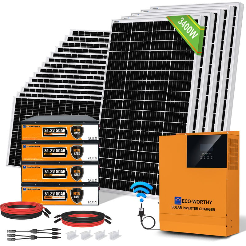 ECO-WORTHY Kit de panel solar de 2500 W con controlador de inversor solar todo en uno de onda sinusoidal pura de 5000 W, 48 V, batería de litio de 100 Ah y 12 V para cobertizo, cabaña, hogar, jardín, cabaña, caravana, barco marino