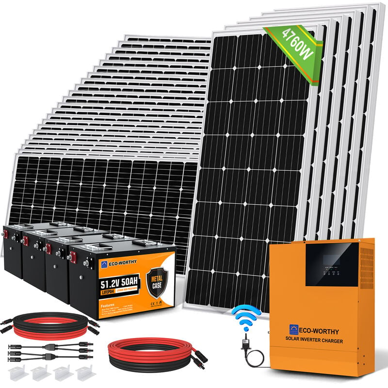 ECO-WORTHY Kit de panel solar de 3400 W con controlador inversor solar todo en uno de onda sinusoidal pura de 5000 W y 48 V, batería de litio de 100 Ah y 12 V para cobertizo, cabaña, hogar, jardín, casa rodante, caravana, barco marino