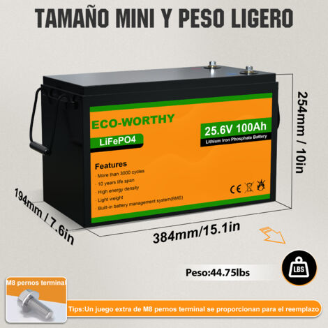 ECO-WORTHY 24 V 100 Ah LiFePO4 Batería de litio recargable con más de 3000  ciclos