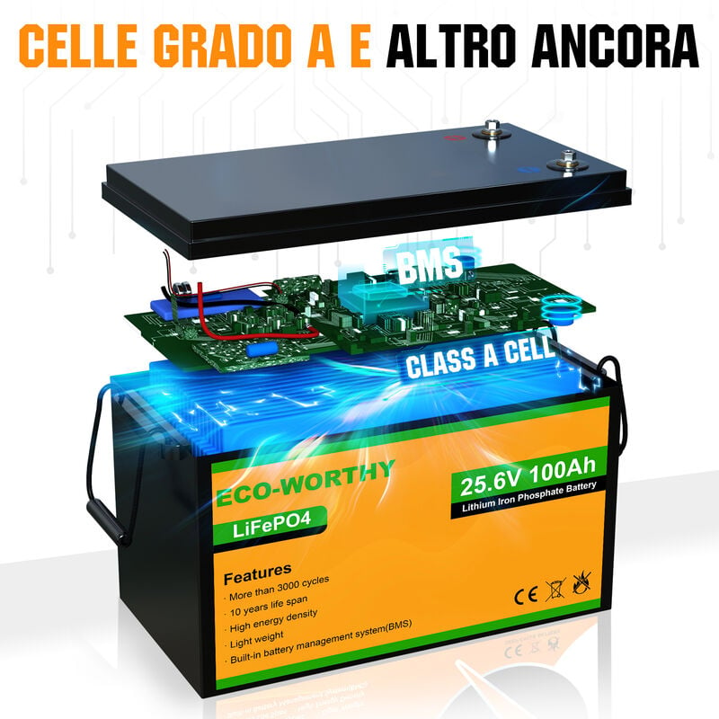 ECO-WORTHY LiFePO4 Batteria Litio 12v 100Ah con Protezione BMS a Bassa  Temperatura e 4000+ cicli, Batteria da 1280Wh per Camper, Barca, Casa, Kit  di Pannelli Solari, Campeggio : : Commercio, Industria e