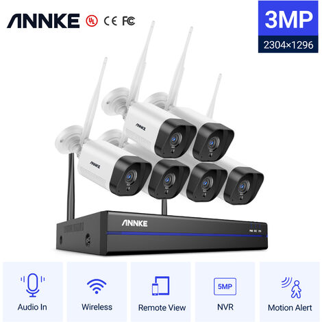 Kit di videosorveglianza ANNKE Sistema di telecamere di sicurezza IP WiFi  8CH con 6 telecamere di sorveglianza wireless per interni da esterno 3MP  Registrazione audio IP66 impermeabile - senza HDD