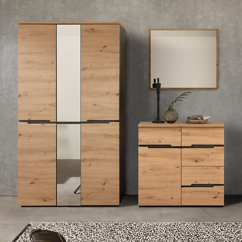Garderoben Set modern in Artisan Eiche Nb. mit Graphit MANRESA-36  Garderobenschrank, Spiegel, Kommode