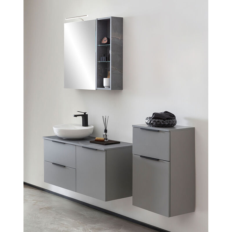 Badezimmermöbel Set in grau ALMATY-80 LED-Spiegelschrank, Waschtisch inkl.  Waschbecken, Unterschrank, B/H/T: ca. 150/200/45 cm