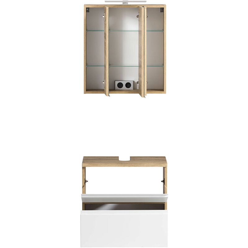 Badmöbel Set mit Midischrank, stehend oder hängend, in Wotan Eiche Nb. mit  weiß matt, VASTO-03-WHITE, B/H/T ca. 170/200/35 cm