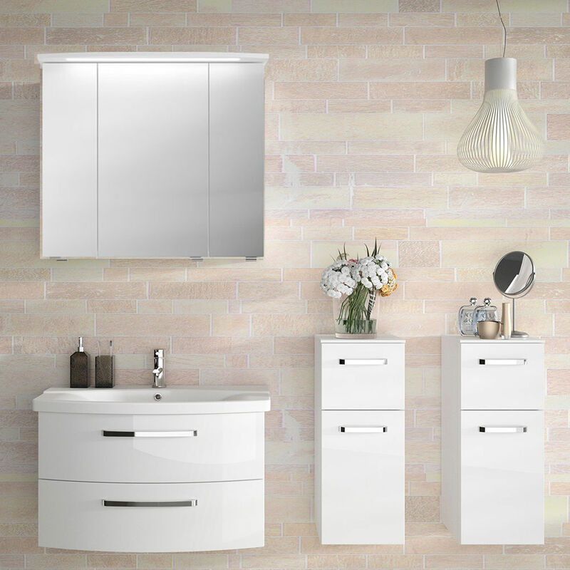 Badezimmer Möbel mit Waschplatz FES-4010-66 - B/H/T: glänzend, 2 weiß mit Wandschränken 174x200x46cm