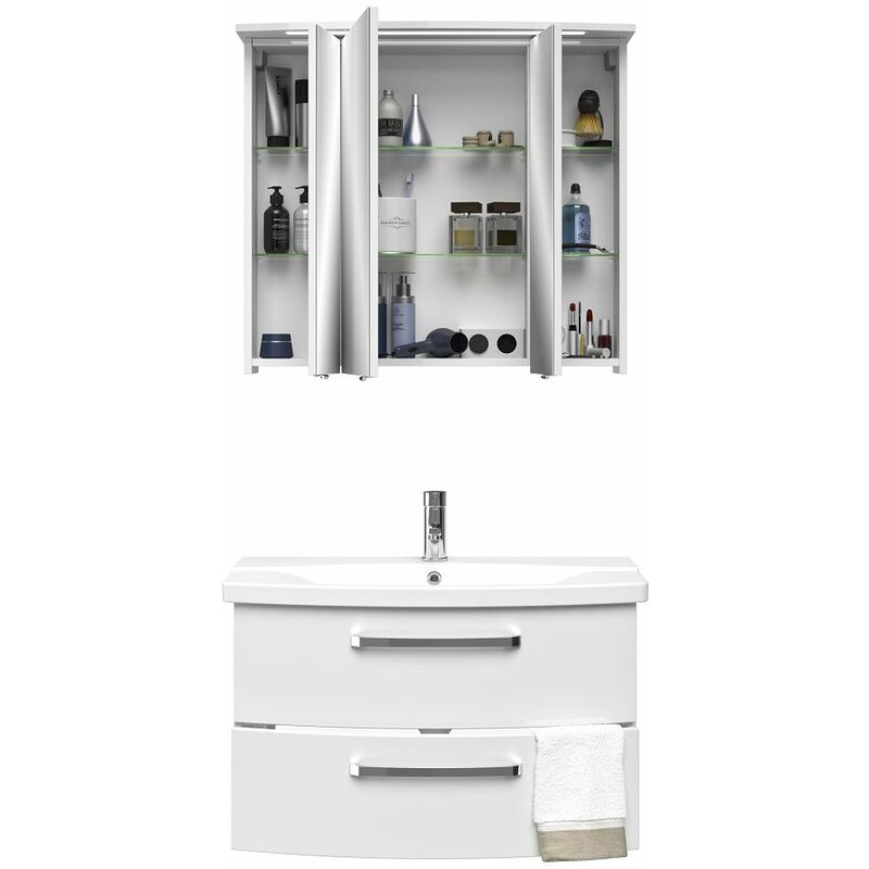 Badezimmer Möbel mit Waschplatz FES-4010-66 weiß glänzend, mit 2  Wandschränken - B/H/T: 174x200x46cm