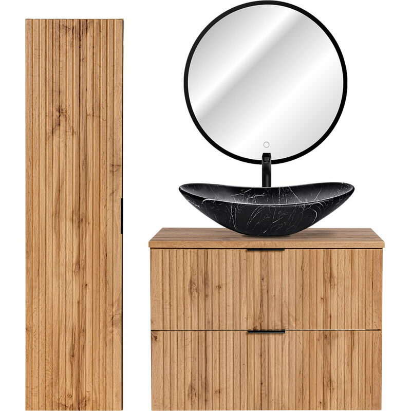 Badmöbel Set Wotaneiche mit Rillenoptik 80 cm Waschtisch-Unterschrank mit  Keramik Waschbecken Hochschrank LED-Spiegel | Badmöbel-Sets