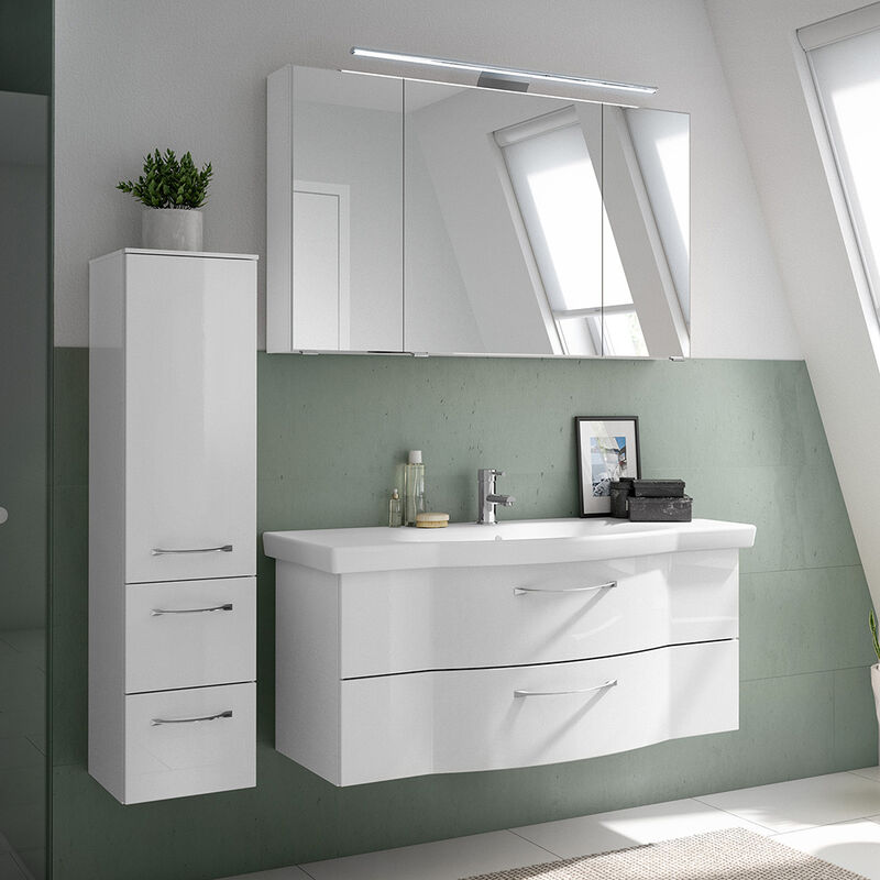 Badezimmer Möbel Set, 122cm Waschbecken, LED Beleuchtung, weiß Hochglanz,  SOLINGEN-66, B/H/T ca. 167/200/51,5 cm | Unterschränke
