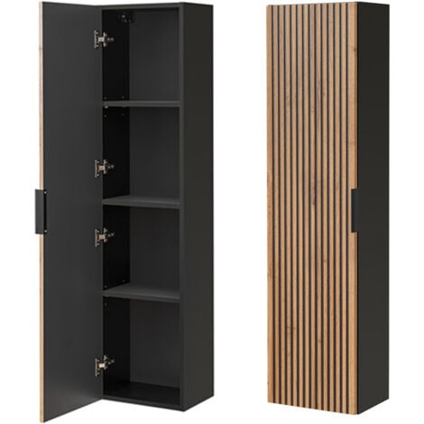 Badezimmer Hochschrank XANTEN-56 in anthrazit mit Eiche Nb. schwarz gerillt, B/H/T: ca. 35/140/25 cm