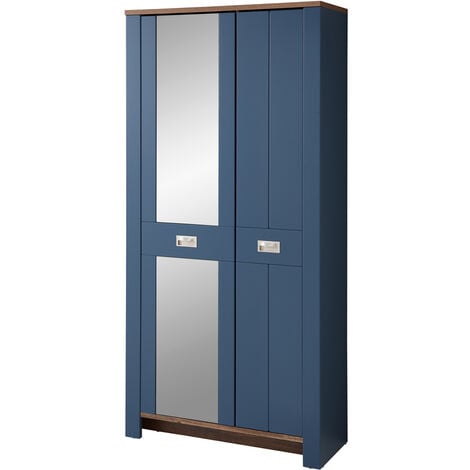 Garderobenschrank matt blau mit Eiche mit Spiegel DEVON-36 Landhausstil, 98  cm breit, 2-türig