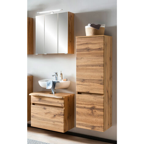 Badezimmer Set in Wotan Eiche Nb. mit Baumkante VIDAGO-03 Spiegelschrank und LED Beleuchtung, B/H/T: ca. 116/200/40 cm (1/5)