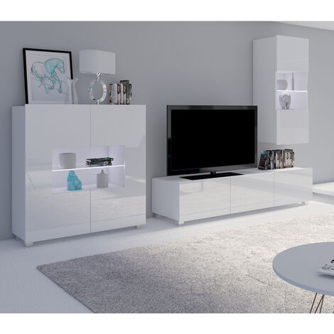 Wohnzimmer Set mit Highboard in weiß Hochglanz mit LED Beleuchtung CAIRNS-132, B/H/T ca. 265/200/43 cm