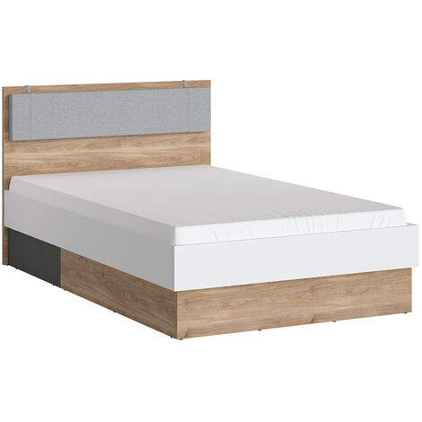 Jugendbett 120cm mit hellgrauem Kopfteilpolster in Eiche Nb. mit weiß und grau TOMAR-129, B/H/T ca. 125,3/95,5/204,9 cm (1/5)