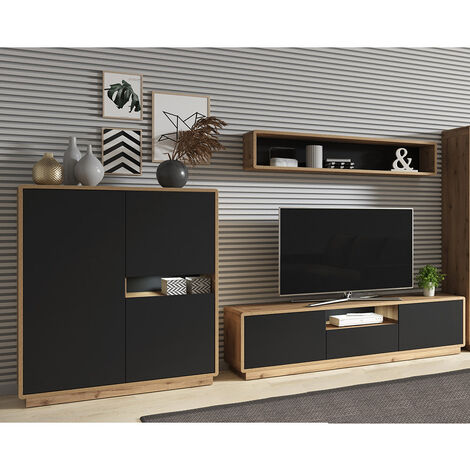 Wohnwand inkl. LED Beleuchtung ALBANY-83 in Taurus Eiche Nb. mit schwarz matt, B/H/T: ca. 316/180/40 cm