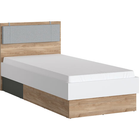 Jugendbett 90 cm mit hellgrauem Kopfteilpolster, Eiche Nb. mit weiß und grau TOMAR-129, B/H/T ca. 95,3/95,5/204,9 cm (1/5)