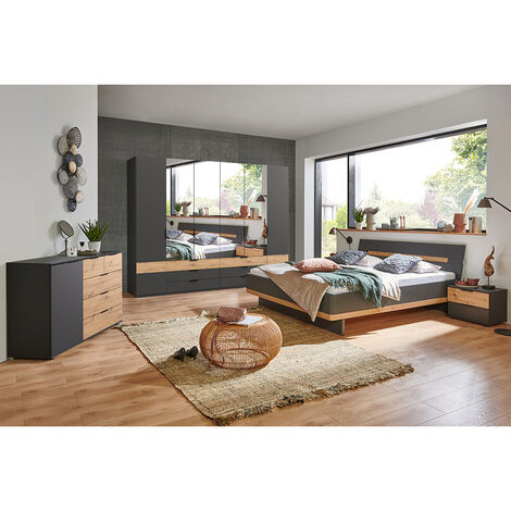 Schlafzimmer Komplett Set GRANADA-43 mit Bett 180x200cm und 6-trg. Kleiderschrank in graphit mit Artisan Eiche Nb.