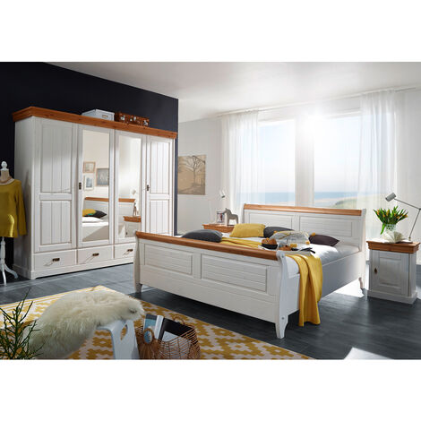 Schlafzimmer Set mit Bettgestell 180x200 cm SAVONA-69 in Kiefer massiv weiß mit honig (1/5)