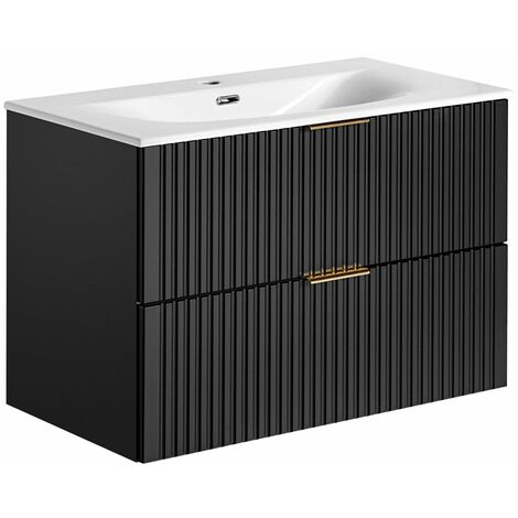 Waschtischunterschrank mit Waschbecken 80cm ADELAIDE-56-BLACK in matt schwarz mit gerillter Front, B/H/T ca. 81/58,5/46 cm (1/5)