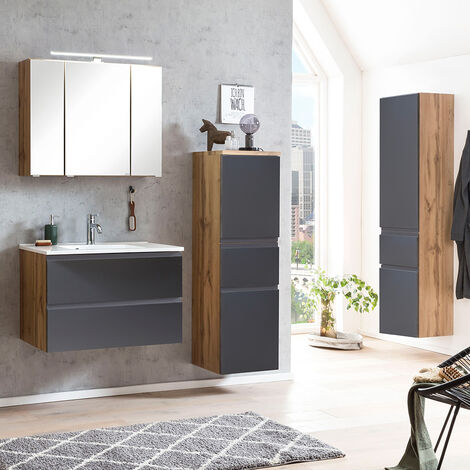 Badezimmer Möbel Set mit Wotan Waschbecken VASTO-03- LED matt und Nb. grau, mit Beleuchtung, Eiche