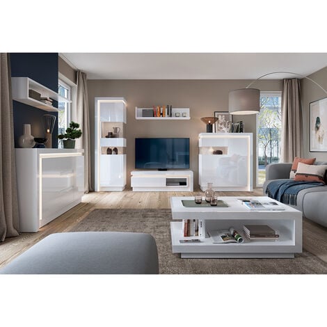 Modernes Wohnzimmer Komplett Set in weiß Hochglanz, 7teilig, inkl