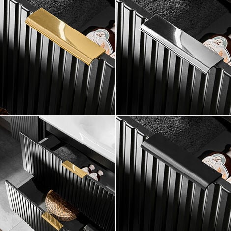 Badmöbel Waschtisch Set Unterschrank ADELAIDE-56-BLACK matt schwarz gerillt mit Wotan Eiche Nb., 42cm Keramik-Waschbecken, 2 Softclose-Schubkästen, B/H/T 60,6/73,7/46,5 cm