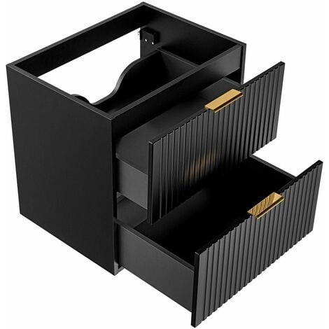 Badmöbel Waschtisch Set Unterschrank ADELAIDE-56-BLACK matt schwarz gerillt mit Wotan Eiche Nb., 42cm Keramik-Waschbecken, 2 Softclose-Schubkästen, B/H/T 60,6/73,7/46,5 cm