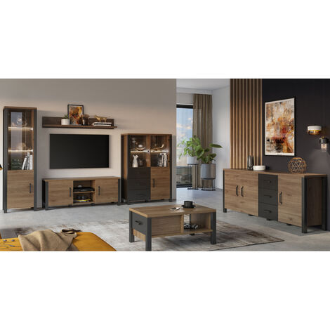 Wohnzimmer Möbel Komplett Set in Walnuss schwarz mit supermatt Okapi Nb. ORADEA-83